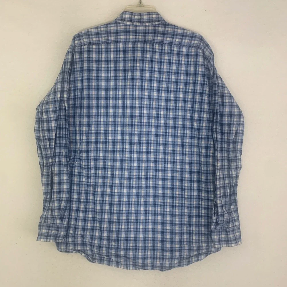 Vtg 90s Polo Ralph Lauren The Active Workshirt Blue‎ Plaid Linen Cotton Blend L